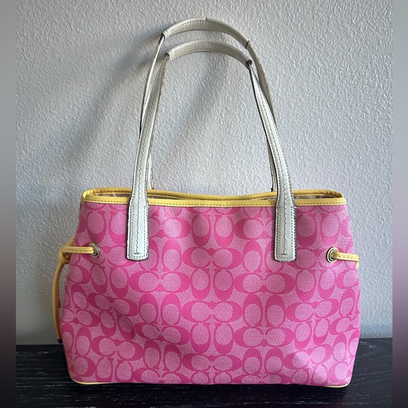 Coach Signature 'C' Legacy Striped Tote Bag Satchell Pink and Yellow - Picture 4 of 16